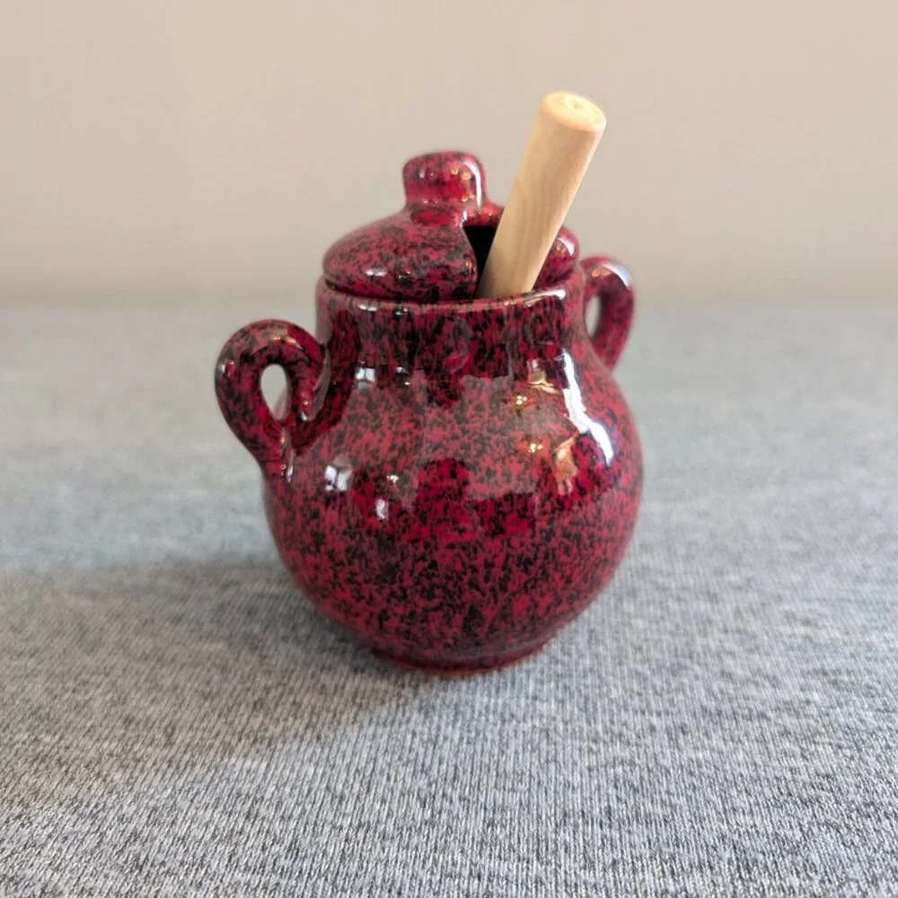 Mini Red Spackled Honey/Sugar/Spice Pot with Wooden Spoon - Picture 2 of 4